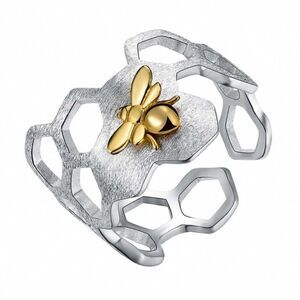 Solid 925 Sterling Silver Adjustable 18K Gold Bee Honeycomb Ring, Queen Bee